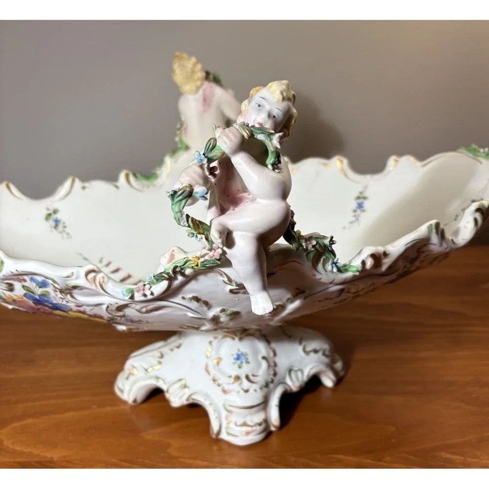 Vintage Capodimonte Italy Cherub Centerpiece Bowl Hand Painted Signed 20x10x9